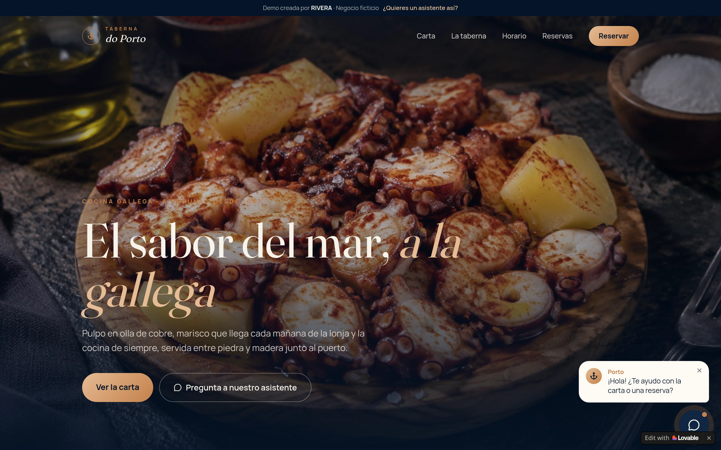 Captura real de la web de Taberna do Porto, con cocina gallega y acceso al asistente