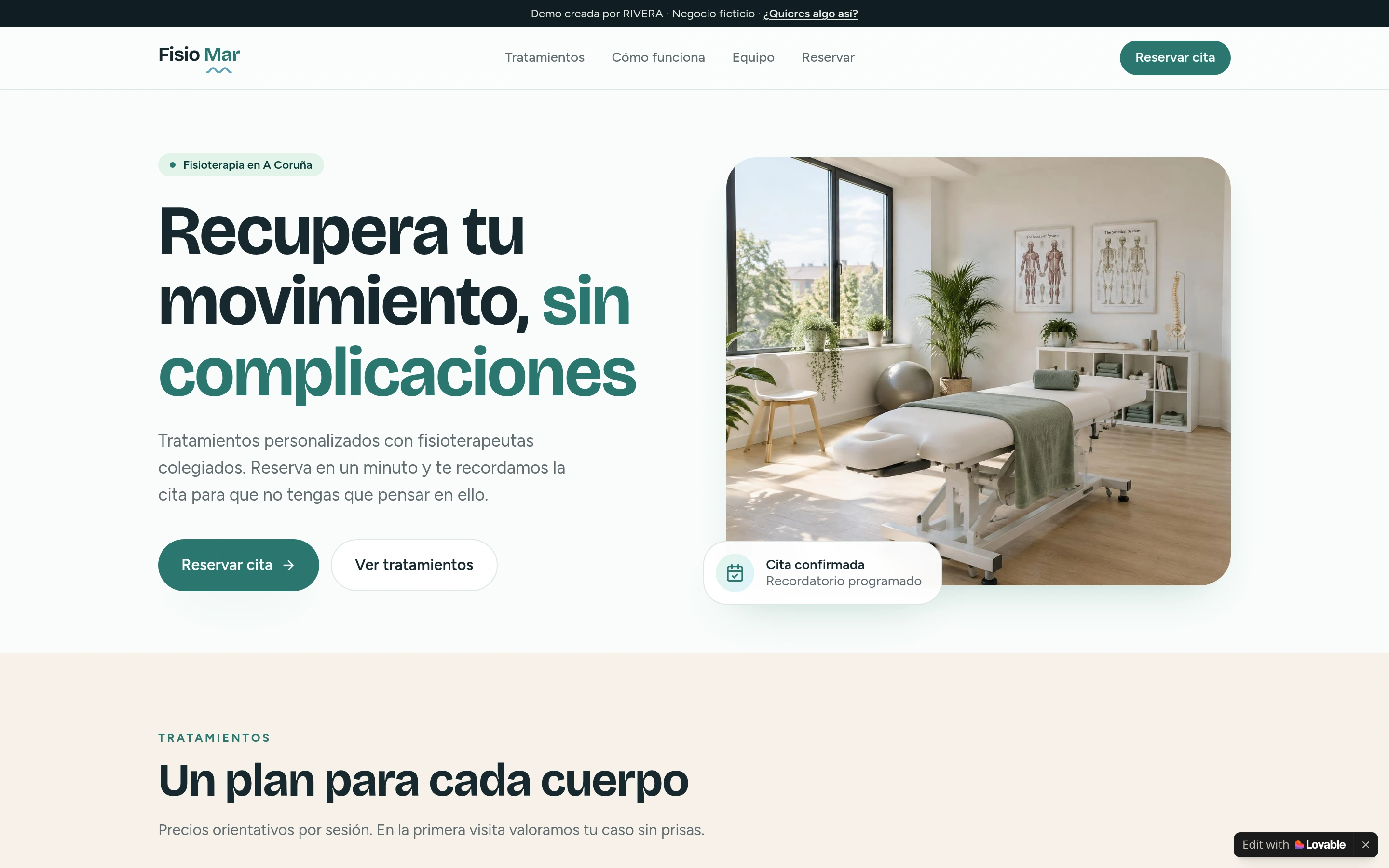 Captura real de Fisio Mar en escritorio con presentación de la clínica y reserva online