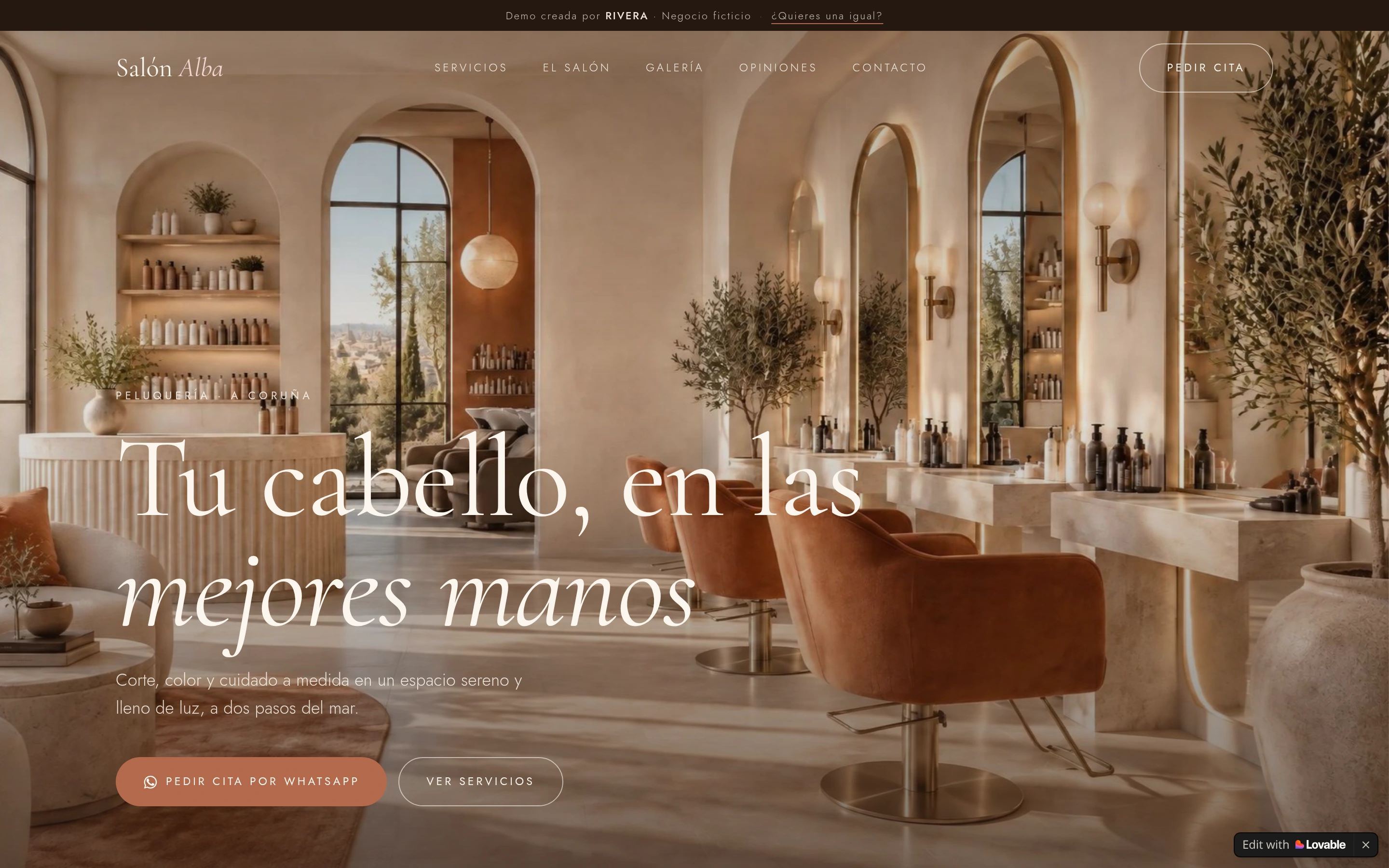 Captura real de la web de Salón Alba en escritorio, con el interior del salón y el acceso a citas