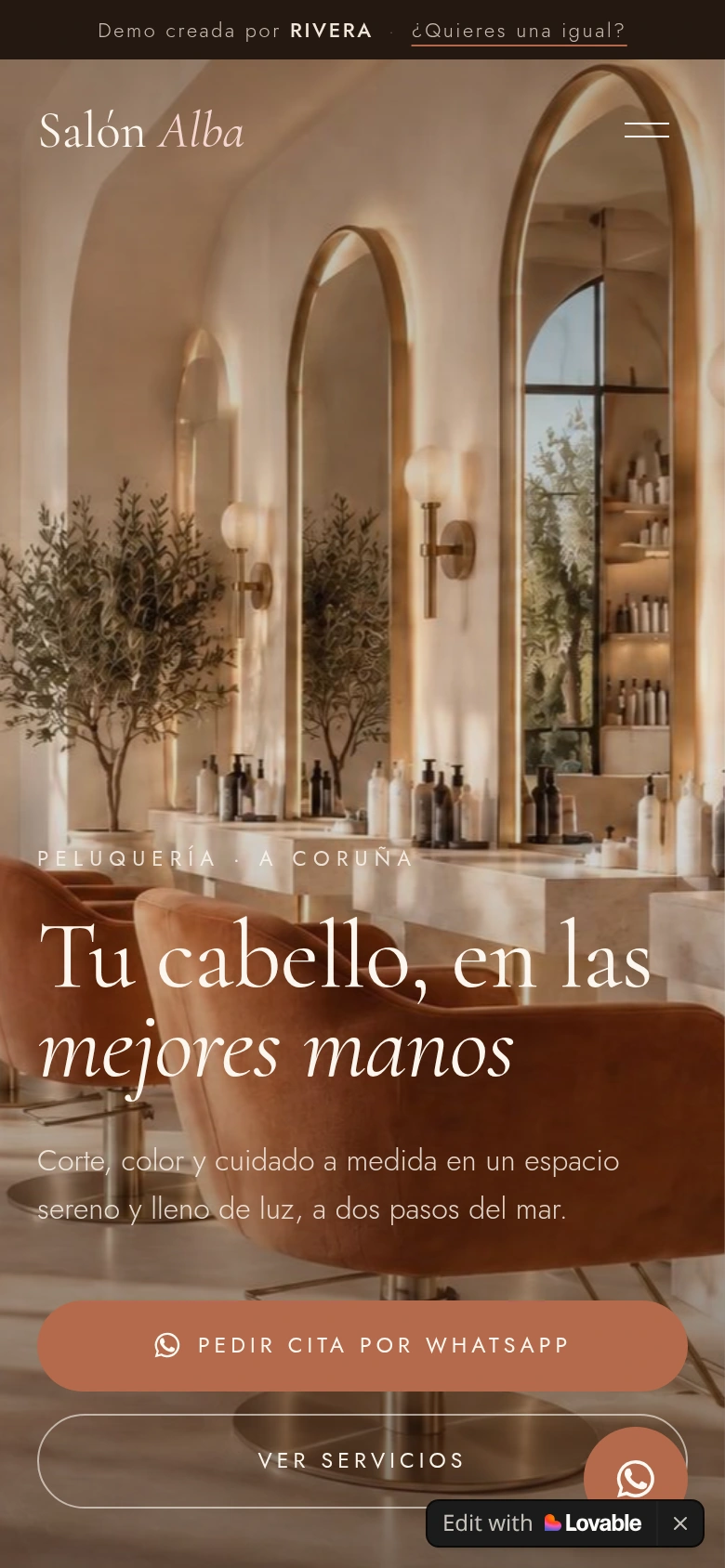 Captura real de Salón Alba en móvil, con presentación y botón de cita por WhatsApp